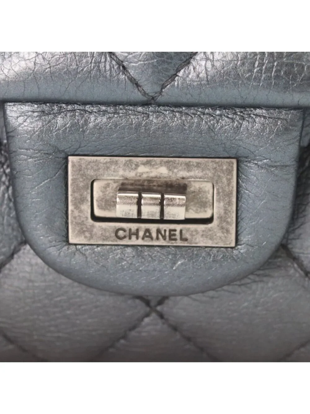 Chanel Metallic Blue Gray Vintage Calf Silver Quilted 2.55 Large Chain Handbag